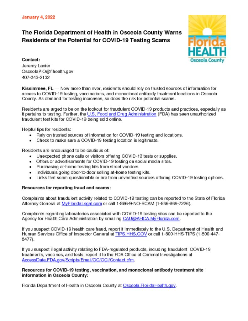 thumbnail of FDOH-Osceola County Press Release – Warning Residents of Potential for COVID-19 Testing Scams